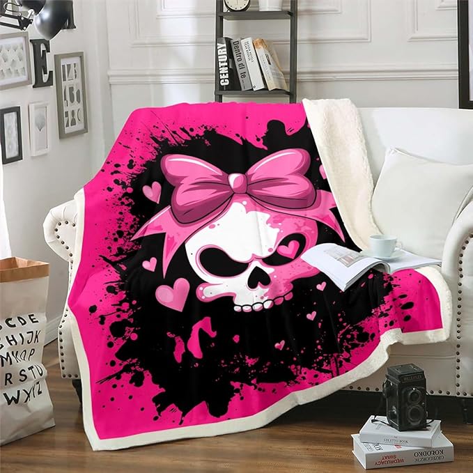 Feelyou Sugar Skull Fleece Throw Blanket Twin 60"x80" Kids Skeleton Design Plush Blanket for Boys Girls Teens Pink Bowknot Sherpa Blanket Halloween Theme Fuzzy Blanket - sugar skull throw blanket