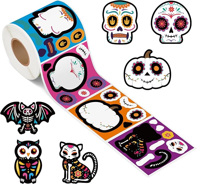 Haooryx Sugar Skull Sticker Rolls - 300Pcs Day of The Dead Sticker, Make Your Own Skeleton Pumpkin Cat Owl Mexican Fiesta Decors, Mix and Match Día de Los Muertos DIY for Kids Laptop Gift Wrap Labels - sugar skull vinyl sticker