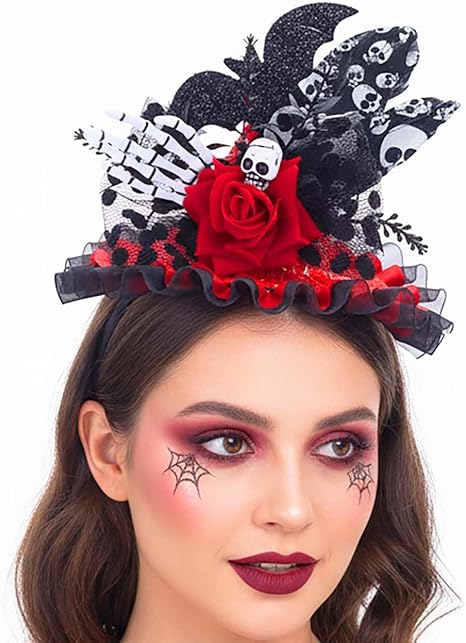 Campsis Halloween Headband Gothic Skull Hair Band Witch Hat Hair Accessory for Women - sugar skull flower crown