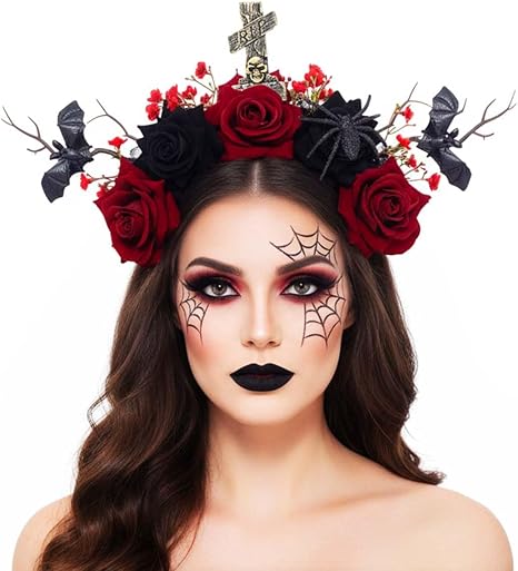 Campsis Halloween Flower Headband Gothic Bat Hair Band Spider Hair Accessory for Women - sugar skull flower crown