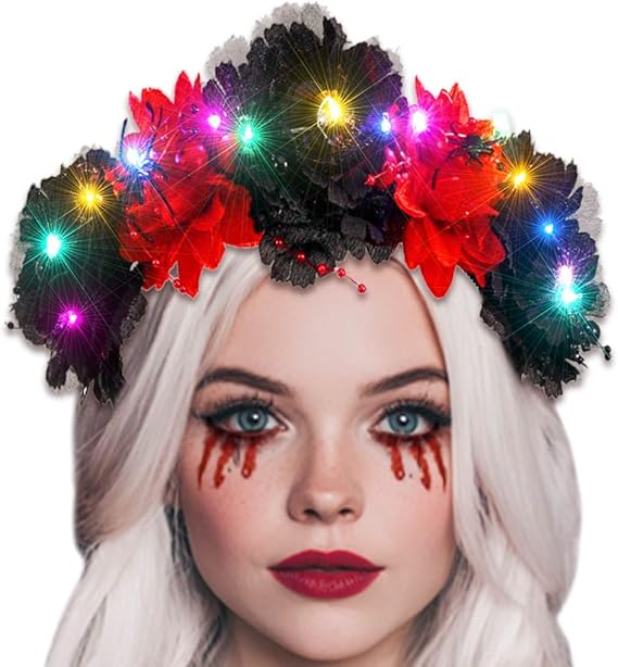 Light Up Halloween Headband for Women Rose Flower Head Piece Gothic Floral Headbands Day of the Dead Head Accessories - sugar skull flower crown