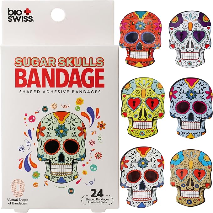 BioSwiss Kids Bandages, Sugar Skull Shaped Self Adhesive Bandage Set, Latex Free, Sterile Wound Care, 24 Count - sugar skull makeup kit