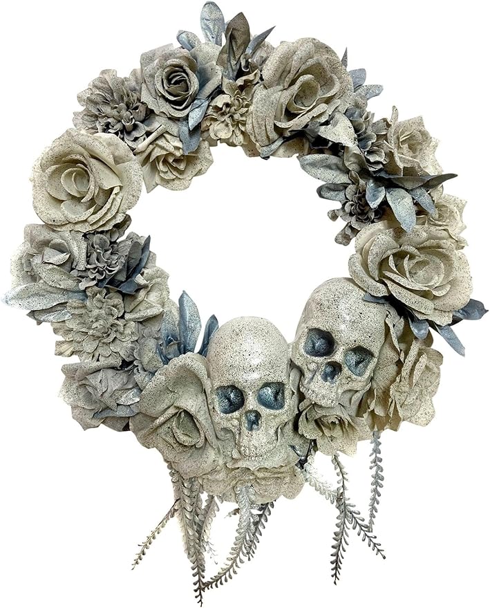 20 Inch Skull & Roses White Wreath Window Wall Decor - sugar skull wreath for front door