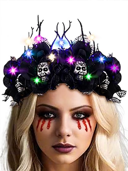 Light Up Halloween Crown Headband Black Rose Flower Hairband Skull Costume Hair Accessories for Women - sugar skull flower crown