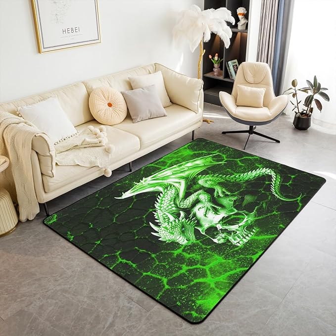 Feelyou Dragon Area Rug 3x5 Kids Green and Black Decorative Carpet Set for Boys Teens Sugar Skull Living Room Rugs Honeycomb Dragon Wild Animal Indoor Floor Mat Room Decor - sugar skull area rug