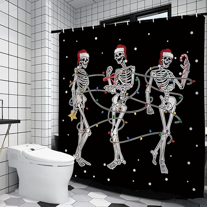 Christmas Shower Curtain Funny Skeleton Candy Cane Black Shower Curtains Sets Seasonal Winter Xmas Indoor Bathroom Decorations 71x71 Inch - sugar skull shower curtain set