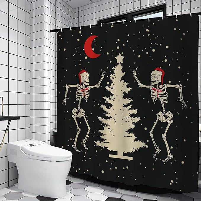 Christmas Shower Curtain Funny Skeleton Xmas Tree Red Moon Shower Curtains Sets with Hooks Seasonal Winter Xmas Indoor Bathroom Decorations 71x71 Inch - sugar skull shower curtain set