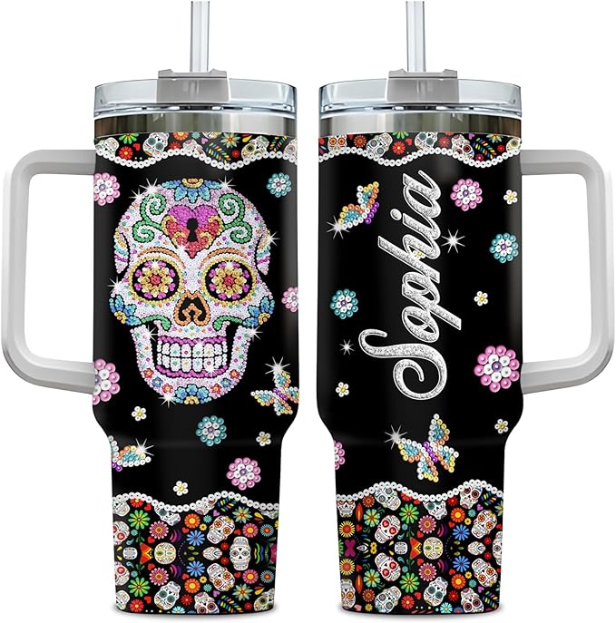 Hyturtle Personalized Skull Tumblers For Women, Sugar Skull Tumbler 40oz with Handle and Straw - Stainless Steel Travel Coffee Cup With Lid - sugar skull tumbler with straw