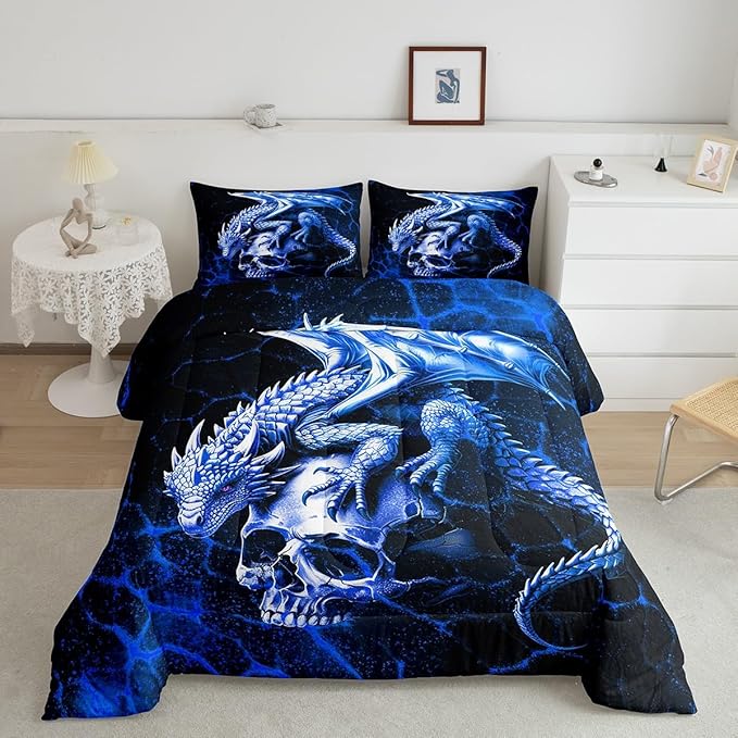 Feelyou Dragon Comforter Set Queen Size Kids Blue and Black Comforter for Boys Teens Sugar Skull Bedding Set Honeycomb Dragon Wild Animal Duvet Set Room Decor - sugar skull bedding set