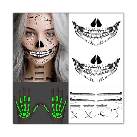 U-Goforst 2X Skeleton Face Tattoo, Skeleton Hand Tattoo Glow in The Dark, Skull Halloween Face Tattoos Hand Bones Temporary Tattoos Sticker, Classic Skeleton Makeup for Women Men Adult - sugar skull temporary tattoo