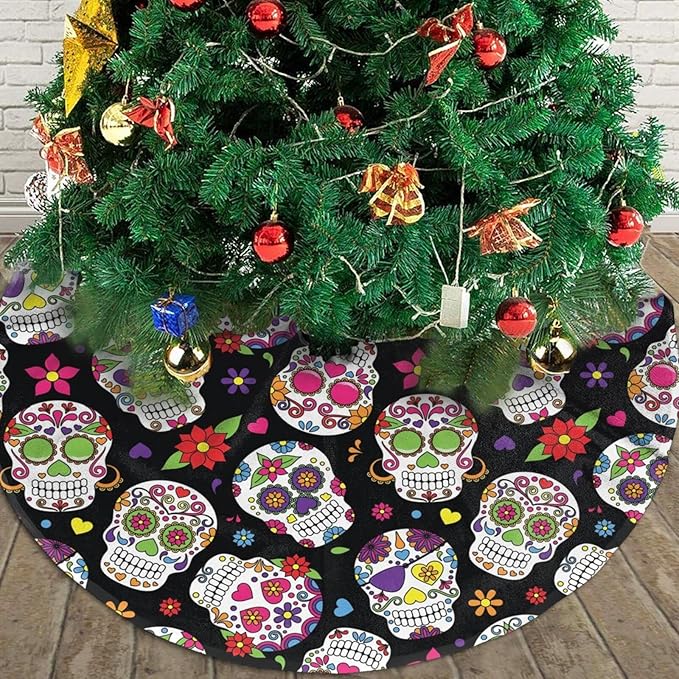 Christmas Tree Skirt, 30"" Day of The Dead Sugar Skull for Christmas Decorations&Ornaments, Black - sugar skull christmas decorations