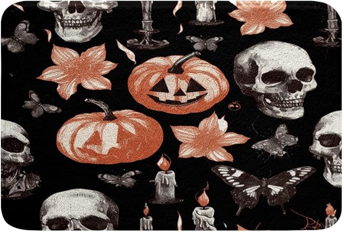 Feelyou Halloween Themed Bathroom Rugs 16"x24" Kids Sugar Skull Bath Rugs for Shower Tub for Boys Girls Teens Death Moth Butterfly Bath Mats for Bathroom Pumpkin Lantern Bathroom Accossories - sugar skull toilet mat set