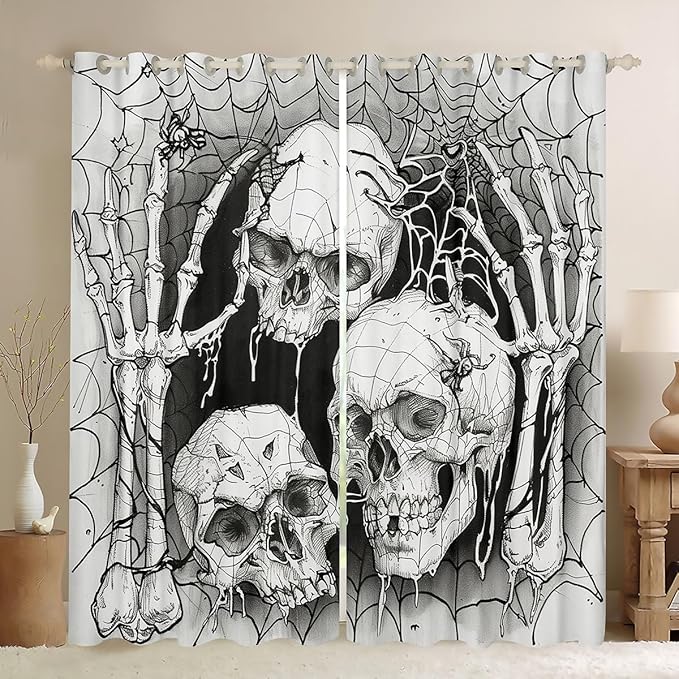 Feelyou Halloween Themed Curtains for Bedroom Living Room (2 Panels, 42 x 90 Inch) Kids Sugar Skull 30%-50% Blackout Curtains Boys Girls Spider Web Darkening Drapes Human Brain Bones Window Treatments - sugar skull christmas decorations