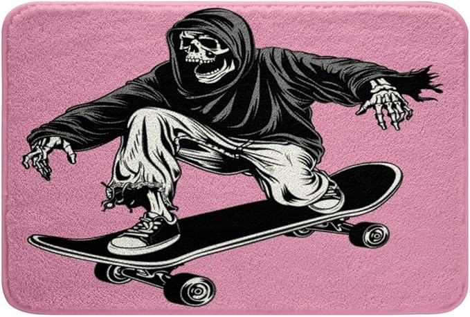 Feelyou Cool Sugar Skull Bathroom Rugs 16"x24" Kids Skateboard Bath Rugs for Shower Tub for Boys Girls Teens Hip Hop Street Culture Bath Mats for Bathroom Pink Halloween Theme Bathroom Accossories - sugar skull toilet mat set