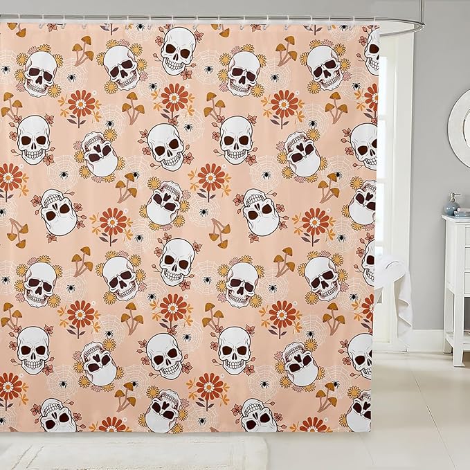 Feelyou Halloween Theme Shower Curtain 72"x78" Kids Sugar Skull Bathroom Shower Curtain Set for Boys Girls Teens Daisy Floral Flowers Bath Curtain Spider Web Print Bathroom Accessories - sugar skull shower curtain set