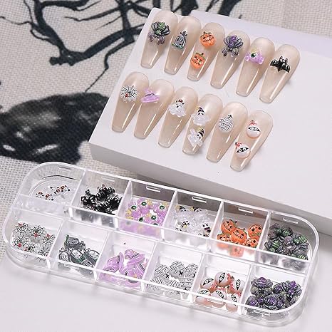 12 Grid Halloween Nail Charms Rhinestones Cute Spider Pumpkin Bat Resin Nail Art Supplies for Acrylic Nails Ghost Spider Web Eyes Resin Nail Gems Charms Nail Jewelry for Women Halloween DIY Nail Decor - sugar skull nail art