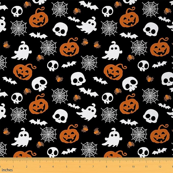 Feelyou Halloween Theme Fabric by The Yard 2 Yards Cute Ghost Decorative Waterproof Outdoor Fabric Sugar Skull Pumpkin Lantern Upholstery Fabric for Chairs Spider Web DIY Reupholstery Fabric - sugar skull table lamp