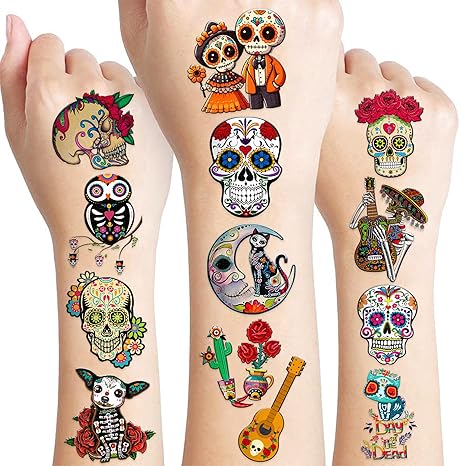 96 PCS Day of The Dead Dia De Los Muertos Pre-cut Temporary Tattoos Sticker Birthday Decorations Halloween Festival Mexican Sugar Skull Puppy Black Carnival Themed Party Favors Supplies Cute Boy Gifts - sugar skull flower crown
