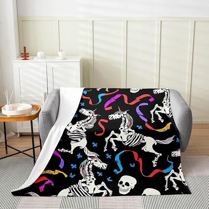 Erosebridal Sugar Skull Blanket Throw 50X60 Colorful Ribbon Throw Blanket,Kids Unicorn Ultra Soft Fleece Blanket Spooky Halloween Theme Fuzzy Blanket for Boys Girls Teens - sugar skull throw blanket