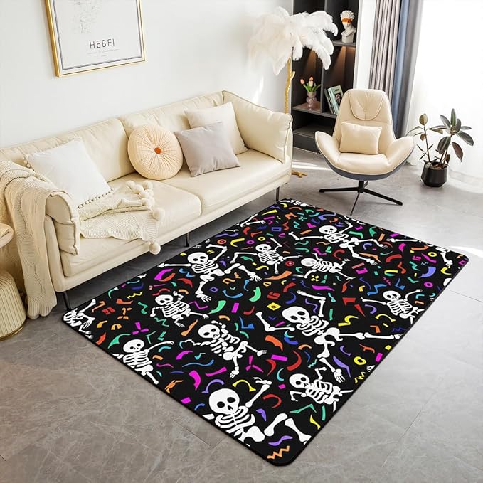 Erosebridal Sugar Skull Carpet Gothic Skeleton Bones Area Rug 3X5,Colorful Ribbon Decorative Accent Rug Happy Halloween Decorative Rug Hippie Spooky Indoor Floor Mat for Kids Girls Boys - sugar skull area rug