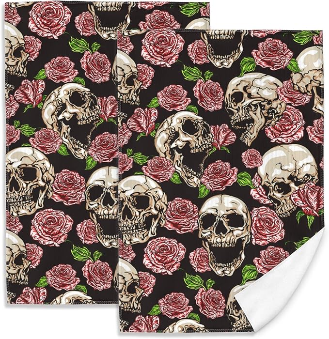 Halloween Sugar Skull Kitchen Towels Set of 2,Rose Soft Absorbent Dish Fingertip Towel for Kitchen Bathroom Guest Gym Spa Bar - sugar skull beach towel