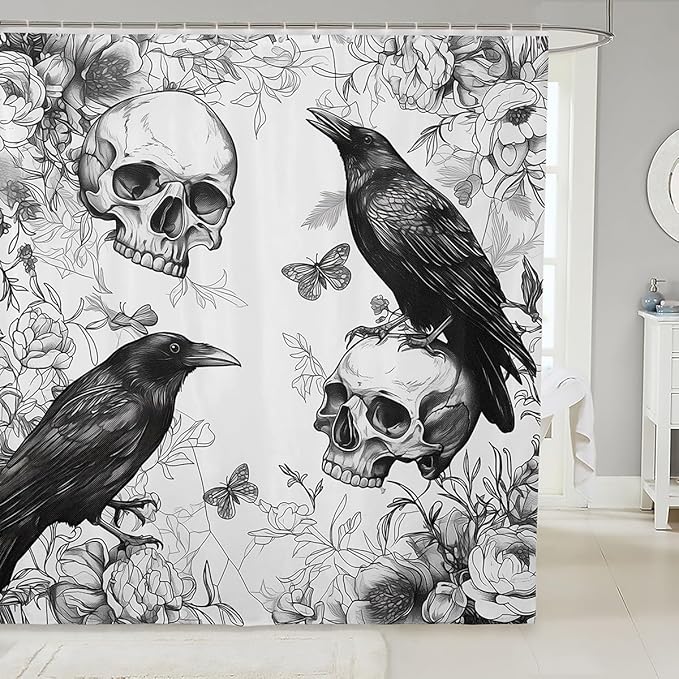 Feelyou Happy Halloween Bath Curtain 72"x72" Sugar Skull Shower Curtain for Boys Girls Decor Horror Theme Bathroom Shower Curtain Set Raven Animal Print Kids Bathroom Accessories Waterproof - sugar skull shower curtain set