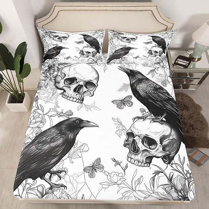 Feelyou Happy Halloween Bed Sheet Set Queen Size Sugar Skull Fitted Sheet for Kids Boys Girls Decor Horror Theme Bedding Set Raven Animal Print Bed Cover Deep Pocket Bedroom Bed Set - sugar skull bedding set