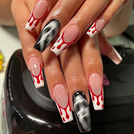 Halloween Press on Nails Long Coffin Fake Nails False Nails White French Tip False Nails with Designs Sugar Skull Blood Glue on Nail Full Cover Glossy Acrylic Stick on Nail for Women 24Pcs - sugar skull nail art