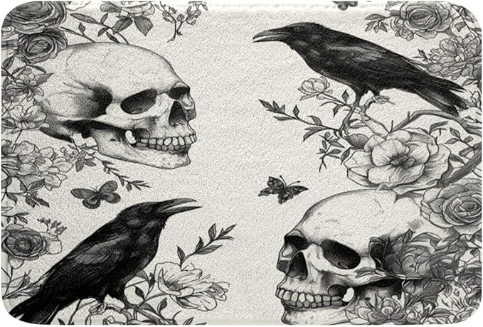 Feelyou Sugar Skull Bathroom Rugs 16"x24" Happy Halloween Bath Mats for Bathroom for Boys Girls Teens Horror Theme Bath Rugs for Shower Tub Women Men Raven Animal Print Bathroom Accossories - sugar skull toilet mat set