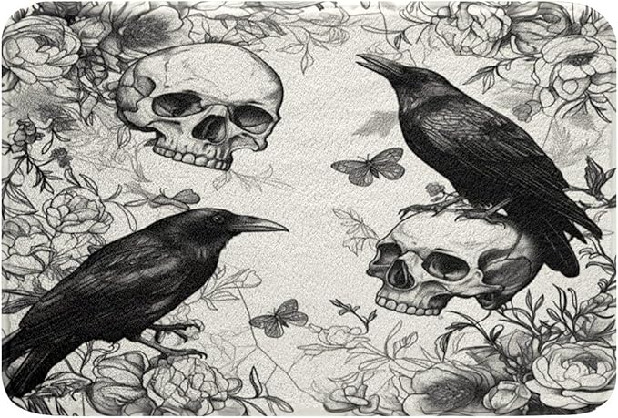 Feelyou Happy Halloween Bath Mats for Bathroom 16"x24" Sugar Skull Bathroom Rugs for Kids Boys Girls Decor Horror Theme Bath Rugs for Shower Tub Raven Animal Print Bathroom Accossories Bedroom - sugar skull toilet mat set