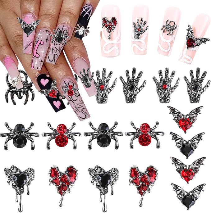 18Pcs Halloween Nail Charms for Acrylic Nails 3D Alloy Spider Skull Hand Gothic Nail Rhinestones Spider Nail Gems Black Pink Heart Nail Jewels for Women DIY Halloween Nail Art Accessories Supplies - sugar skull nail art