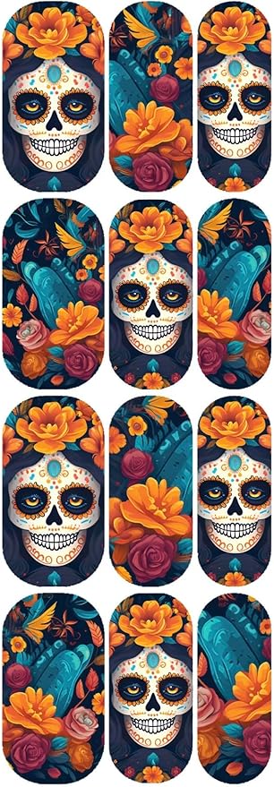 Day of The Dead Sugar Skull Nail Decals Dia de Los Muertos Sugar Skull Day of The Dead Flowers Mexican Holiday Nail Art Halloween Decoration kit Latina Nail Art Stickers Waterslide (D4) - sugar skull nail art