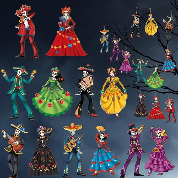 Shellwei 36 Pcs Dia De Los Muertos Decor Day of The Dead Wood Ornaments Sugar Skull Decoration Mexican Day of The Dead Hanging Ornament Dancing Couple Colorful Clothes Guitar Decor for Halloween Party - sugar skull christmas ornament
