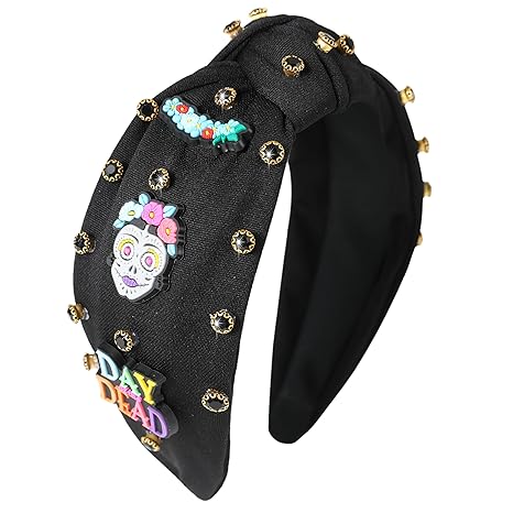 Halloween Skull Headband Day of The Dead Headband for Women Mexican Halloween Headpiece Jeweled Top Knot Scary Hairband Fancy Makeup Party Hair Accessories Black-1 - sugar skull flower crown