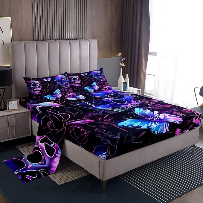 Feelyou Gothic Sugar Skull Bedding Set Full Size Halloween Theme Skull Butterfly Print Sheets for Boys Girls Purple Floral Skull Bed Sheets Soft Sheets Set,1 Fitted Sheet+2 Pillow Sham+1 Flat Sheet - sugar skull bedding set