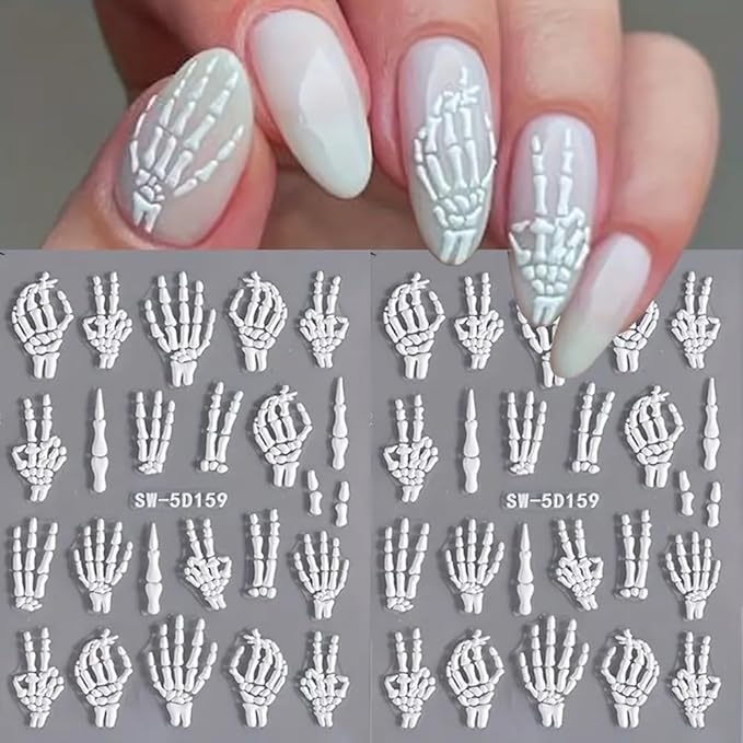 Halloween Skull & Skeleton Nail Art Decals - 3 Sheets, 5D Embossed Finger Skull Stickers, Self-Adhesive Hand Bones Nail Sliders - DIY Manicure Supplies for Women & Girls - sugar skull nail art