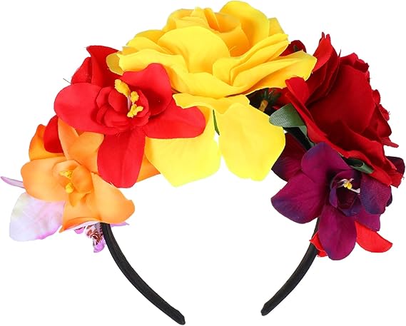 Amabro Halloween Headbands, Floral Day of the Dead Headband Mexican Flower Rose Crown Headpiece Halloween Cosplay Party Headdress Costume Hair Wreath Decorations for Women Men - sugar skull flower crown