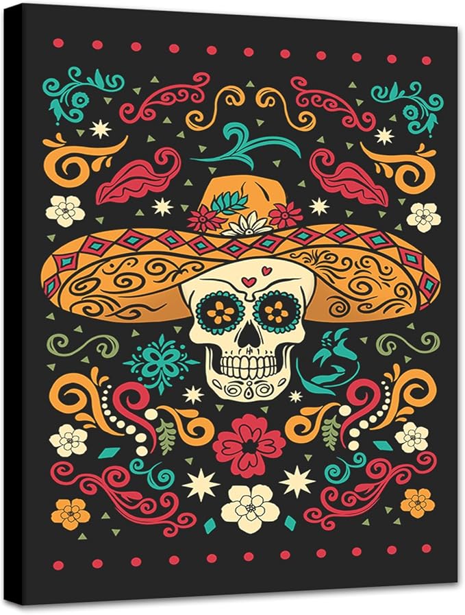MAMAGO Abstract Wall Art - Halloween Poster Colorful Wall Decor Canvas Prints Mexican Festival Sugar Skull Poster Decoration for Living Room Framed Ready to Hang - 12 x 16 inch - sugar skull poster print