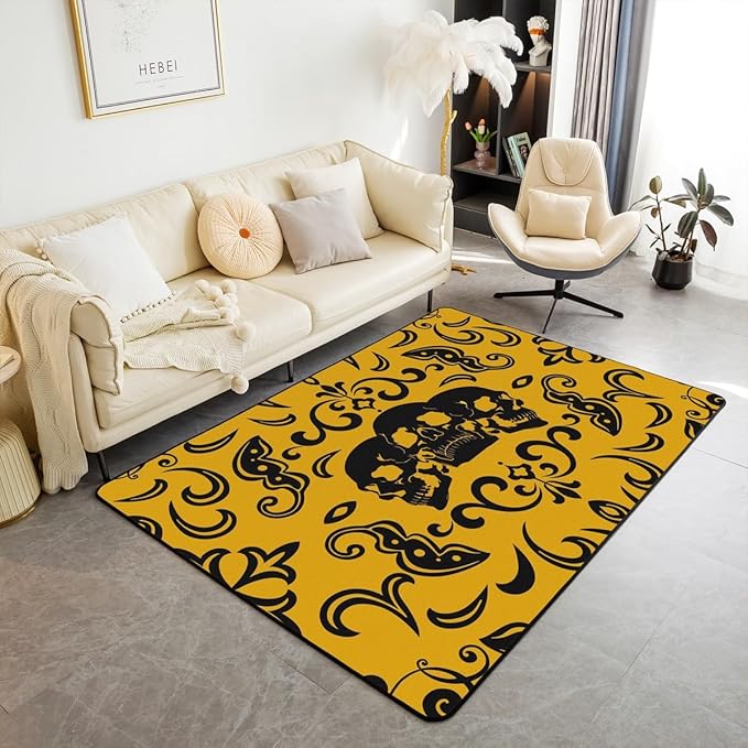 Erosebridal Baroque Style Carpet,Sugar Skull Area Rug 5x7,Boho Damask Floral Decorative Rug for Bedroom,Living Room,Romantic Retro Decorative Accent Rug,Vintage Style Classical Indoor Floor Mat - sugar skull area rug