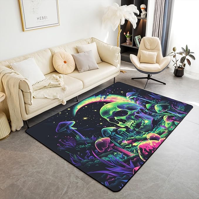 Erosebridal Sugar Skull 5x7 Area Rug, Mushroom Carpet, Starry Sky Moon Cloud Theme Indoor Floor Mat, Exotic Tribal Skeleton Luxury Halloween Bones Style Decorative Rug, Green Red - sugar skull area rug