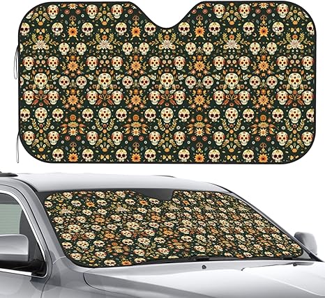 Front Window Car Sun Shade Windshield, Sugar Skull Mexican Foldable Cute Funny Sunshade for Car Truck SUV-Blocks Uv Rays Visor Shield Cover Keep Your Vehicle Cool Small - sugar skull car sunshade for windshield