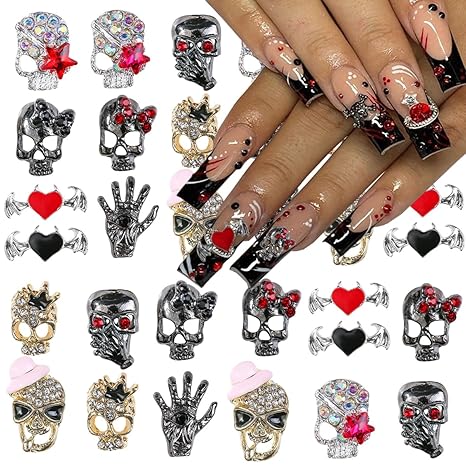 Halloween 3D Alloy Skull Bat Nail Art Charms - 10PCS Vintage Rhinestone and Gems Shiny Palm Jewels for Manicure Decorations - sugar skull nail art