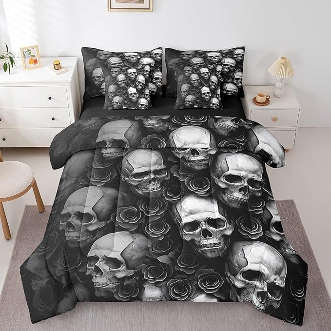 Sugar Skull Comforter Set Queen Size with Sheets -7 Pieces Bed in a Bag Gothic Bone Skeleton Halloween Bedding Sets,Rose Flower Floral Exotic Bed Set with Comforter,Sheets,Pillowcases & Shams - sugar skull bedding set