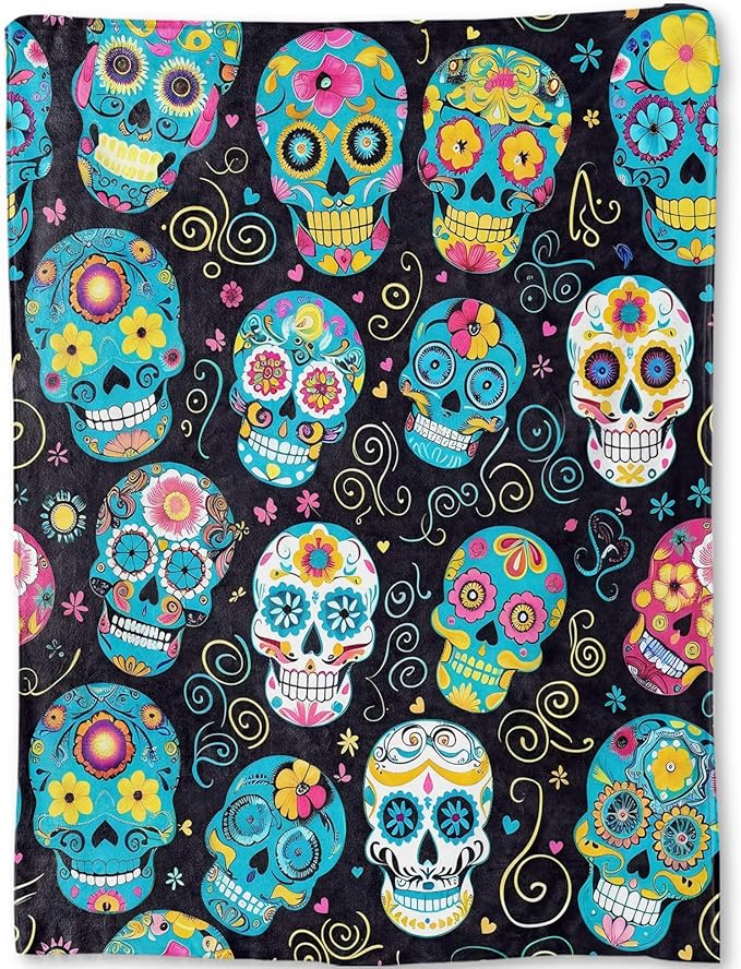 Colorful Sugar Skull Flannel Blanket - Vibrant Day of The Dead Throw,Gifts for Women Men, Ultra Soft & Warm,Lightweight, for Couch Bedroom Living Room Halloween Festive Decor 50x60in - sugar skull throw blanket