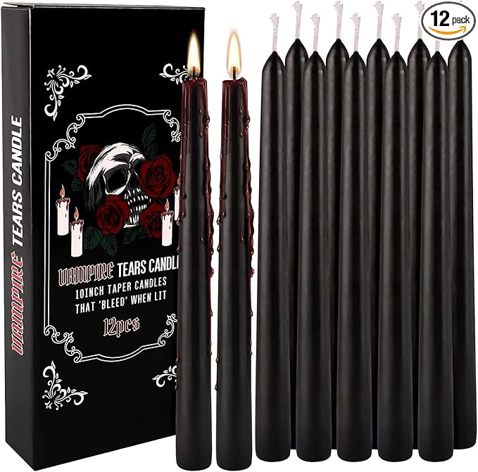 12PCS 10-Inch Black Bleeding Taper Candles,Vampire Tears Taper Candles- Unscented Ideal for Halloween, Christmas, Rituals, and Themed Party Decor - sugar skull candle holder