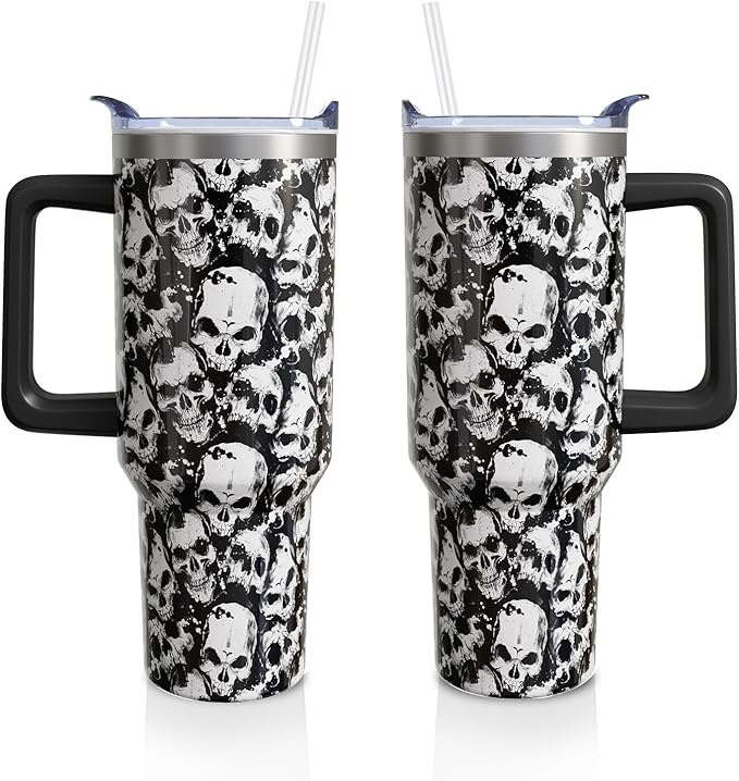 Skull Halloween Gifts for Women Men, Goth Horror Stainless Steel Insulated Travel Coffee Cup, 40 Oz Tumbler with Handle and Straw, Holiday Birthday Water Bottle (1 PC) - sugar skull tumbler with straw
