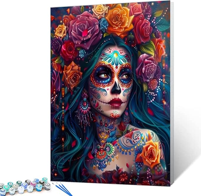 Skeleton Makeup Paint by Numbers Kits for Adult Day of The Dead Halloween Woman Painting Kits Sugar Skull Paint by Numbers Kits on Canvas Perfect for Gift Home Wall Decor Without Framed 16''W x 20''H - sugar skull makeup kit