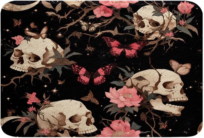 Feelyou Sugar Skull Polyester Bath Rug Pink Flower Soft Fleece Door Carpet for Kids Boys Girls Teens Butterfly Non Slip Bath Mat Halloween Bathroom Floor Indoor Doormat,20x32 Inch - sugar skull area rug