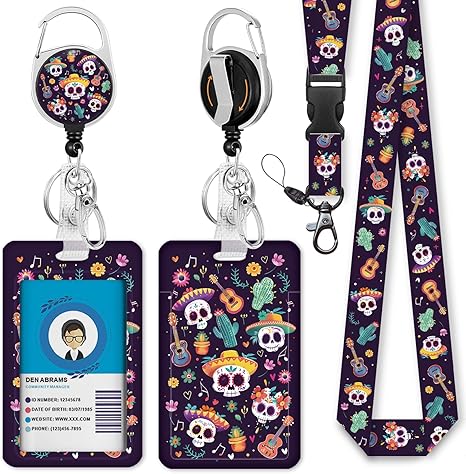 Giancomics Day of The Dead Lanyards for Id Badges, Sugar Skull ID Badge Holder with Lanyard Badge Reel Retractable, Spooky Lanyard with ID Holder Keychain Clip Name Tag ID Card Holder Women Office - sugar skull coffee cup