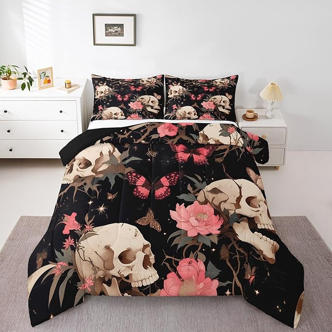 Feelyou Sugar Skull Full Size Comforter Set Pink Flower Bedding Set for Kids Boys Girls Teens Butterfly Duvet Set Halloween Quilt Set 3Pcs - sugar skull bedding set